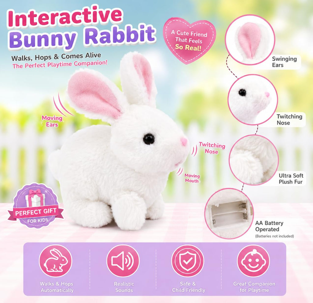 HUPLA Walking & Talking Rabbit Toy | Interactive White Bunny Soft Toy with Walking Movement, Bunny Sounds, Moving Ears & Nose | Battery Operated Plush Animal Toy for Kids – 1 Pc