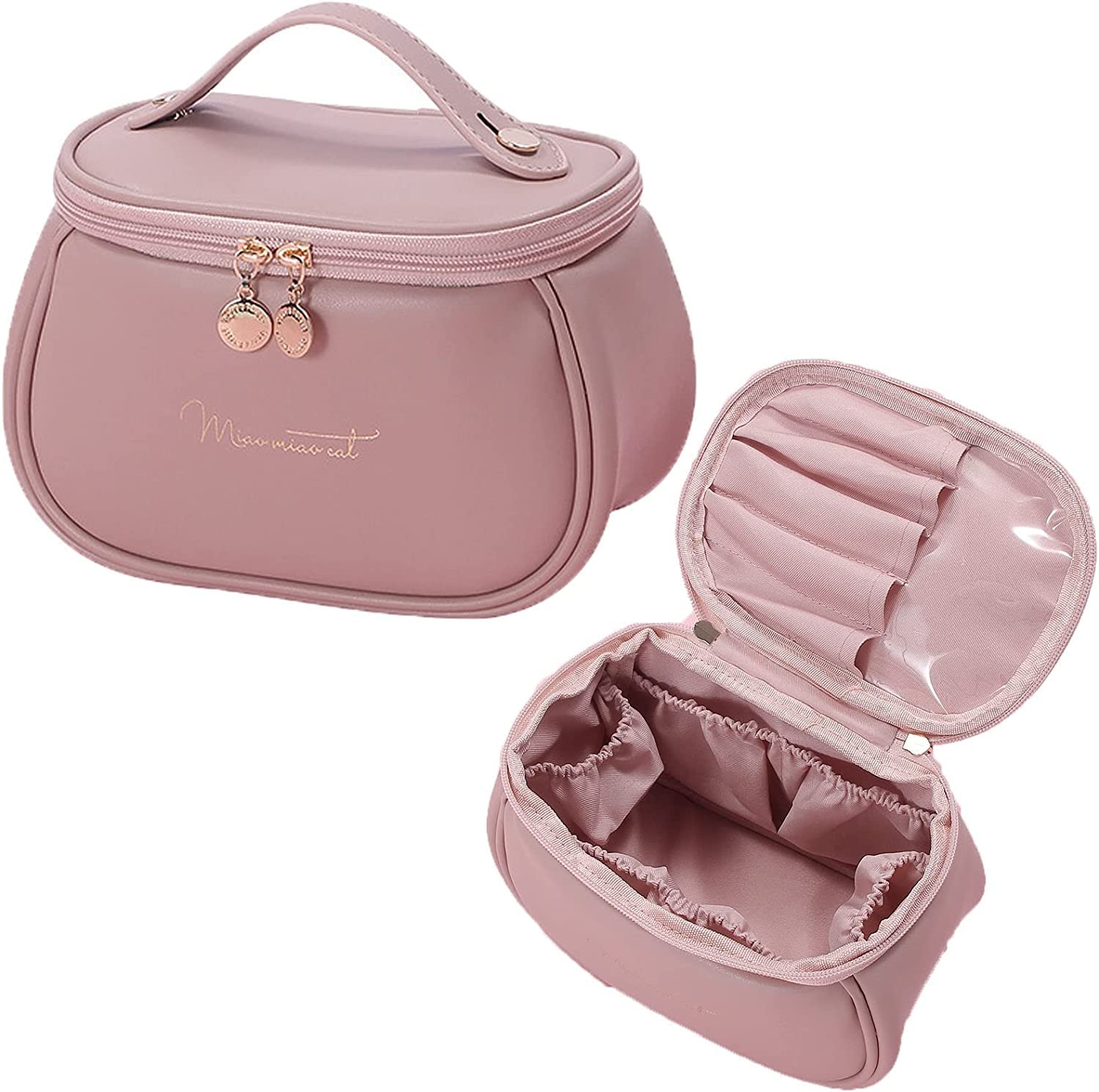 Portable Mini Makeup Organizer Pouch for Women | Large Opening Cosmetic Storage Bag with Brush Holder & Multi Compartments