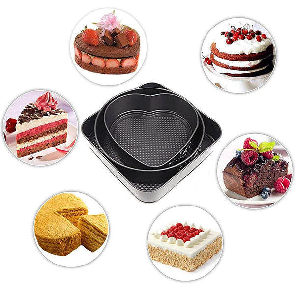 3-Piece Non-Stick Springform Cake Mould Set – Heart, Round & Square Baking Pans for Cakes, Cheesecakes & Desserts