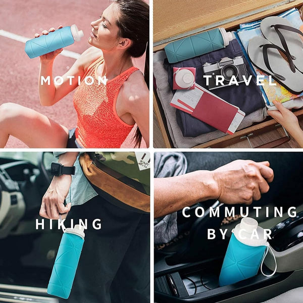 HUPLA Collapsible Silicone Water Bottle | Foldable & Reusable Drinking Bottle with Leak-Resistant Cap and Carrying Strap for Travel, Gym, Hiking & Outdoor Use – Sky Blue