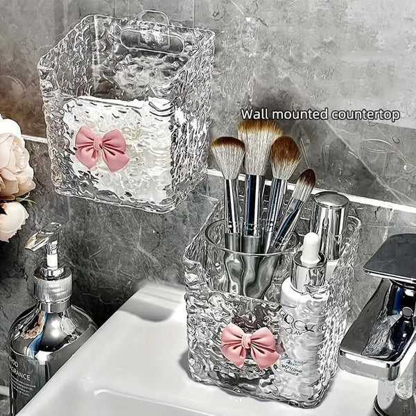 HUPLA Transparent Tissue Box Holder with Pink Bow | Crystal Look Decorative Tissue Paper Organizer with Textured Design for Living Room, Bedroom, Bathroom & Dressing Table – 1 Pc