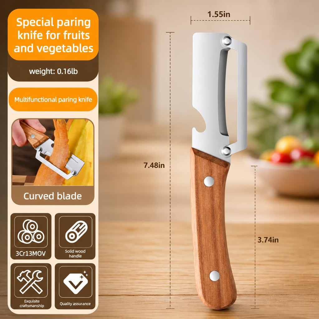 HUPLA Multifunction Stainless Steel Kitchen Knife with Wooden Handle | Manual Vegetable Peeler, Bottle Opener & Food Preparation Tool | Compact Kitchen Gadget