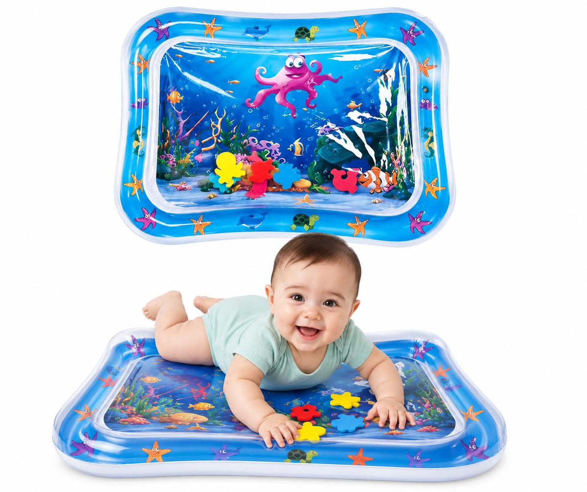 HUPLA Inflatable Baby Tummy Time Water Play Mat | Sensory Activity Mat with Floating Sea Animals for Infants | Blue
