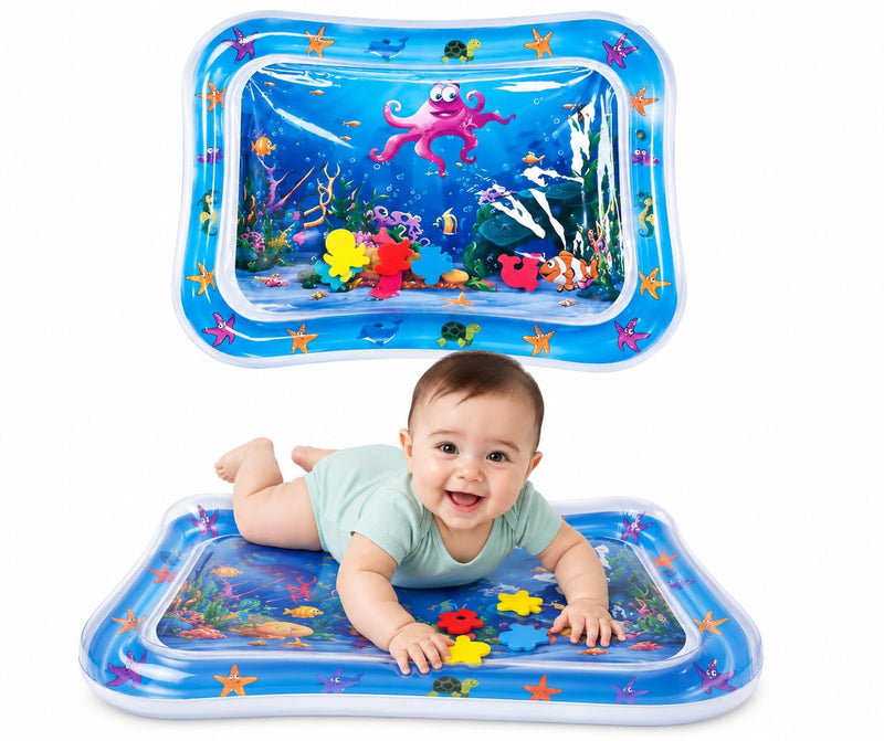 HUPLA Inflatable Baby Tummy Time Water Play Mat | Sensory Activity Mat with Floating Sea Animals for Infants | Blue
