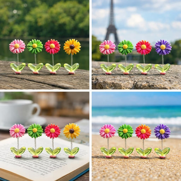 5-Piece Dancing Flower Dashboard Decor – Colourful Spring Bobble Flowers with Green Leaf Base for Car, Desk & Home Decoration