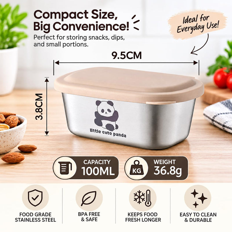 HUPLA Stainless Steel Mini Food Storage Containers with Lids | Cute Panda Print Small Snack & Lunch Boxes for Kids | Reusable Compact Food Storage Bowls – Silver & Cream