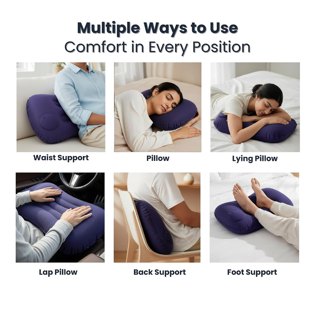 Inflatable Neck Support Pillow with Built-in Air Pump – Soft Velvet Travel Pillow with Separate Air Valve, Random Colour