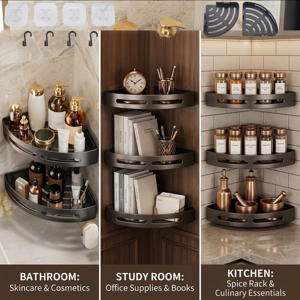 HUPLA Wall Mounted Corner Bathroom Shelf with Hooks & Drainage | Space-Saving Shower Caddy Organizer for Shampoo, Soap & Toiletries | Black