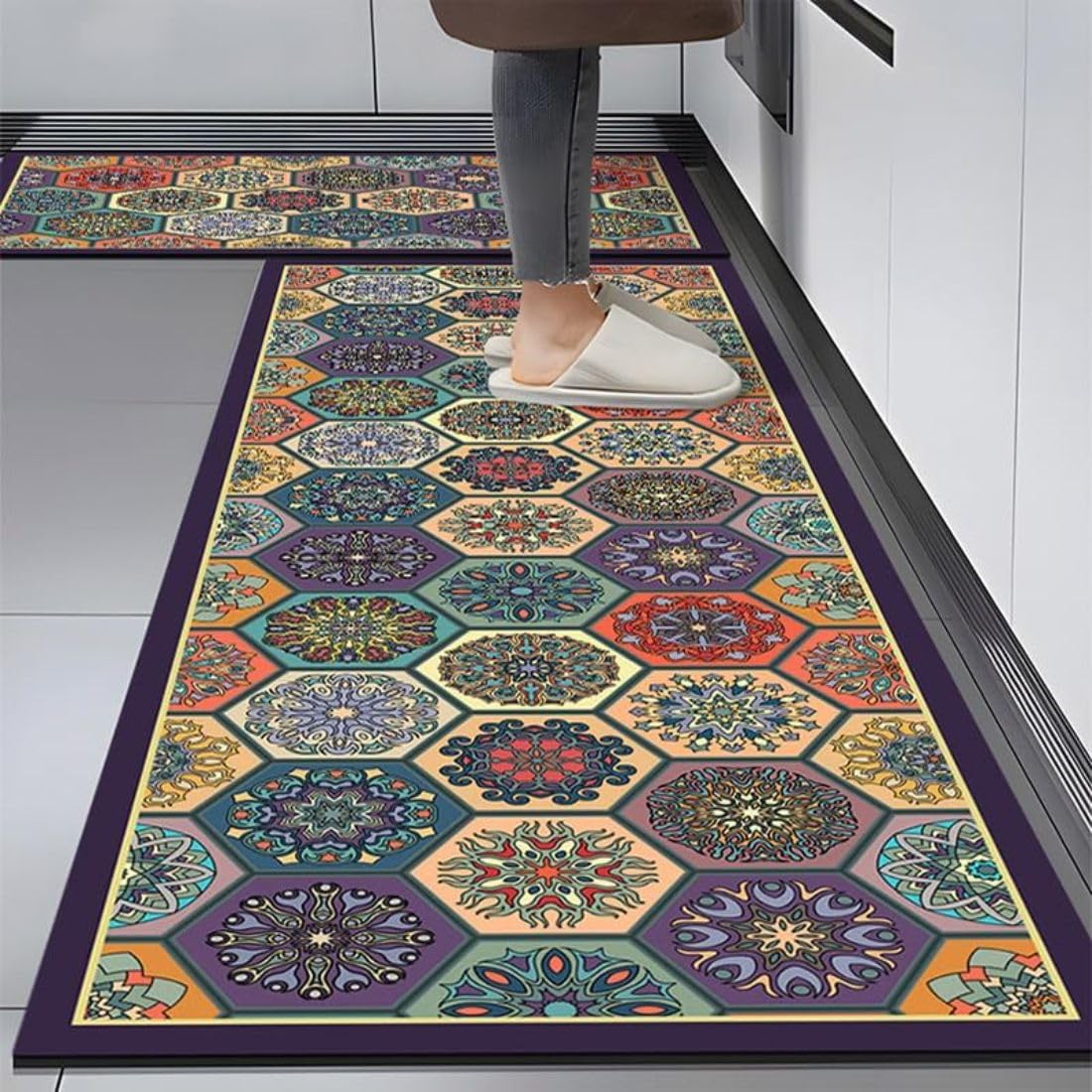 HUPLA Multicolour Printed Kitchen Floor Mat & Runner | Decorative Geometric Mandala Design Kitchen Rug for Sink, Countertop & Home Entrance | Rectangular Floor Mat