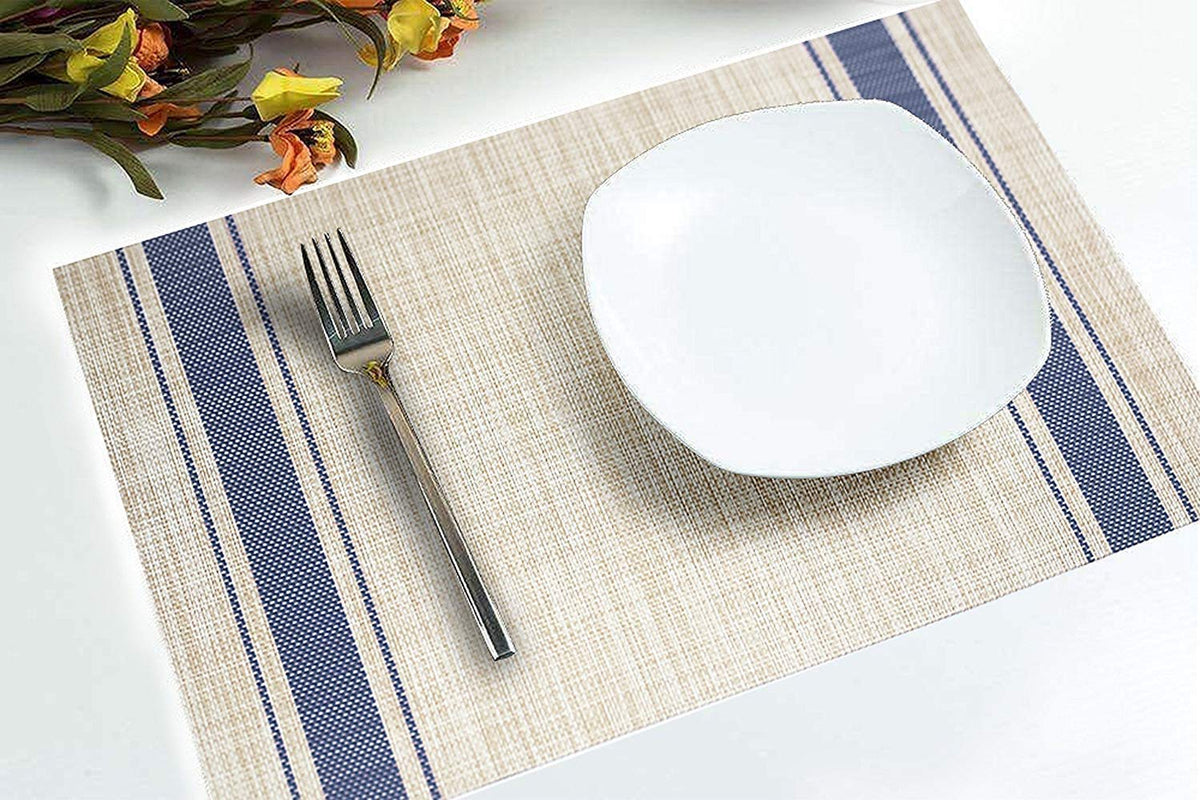HUPLA Premium Dining Table Placemat 30 × 45 cm | Woven-Style Table Mat with Blue Stripes | Easy-to-Clean Kitchen & Dining Table Mat – Beige & Navy Blue, 1 Pc