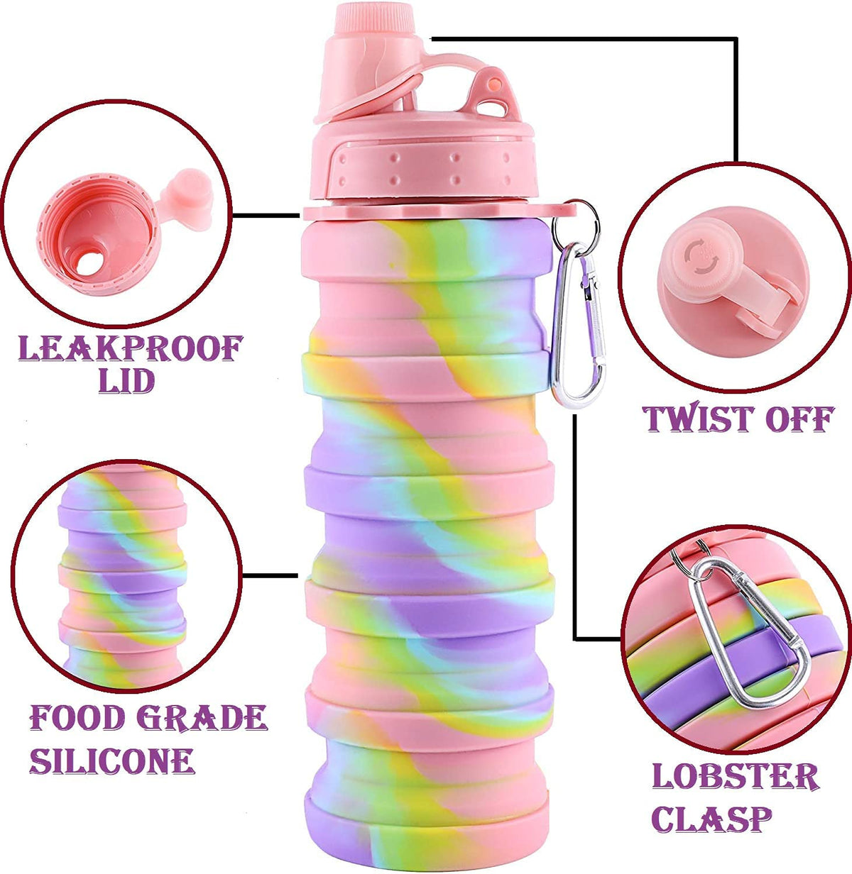 HUPLA Rainbow Collapsible Silicone Water Bottle for Kids | Foldable Reusable Drinking Bottle with Straw Lid & Carrying Clip | Portable Water Bottle for School, Travel & Outdoor Activities – Multicolour