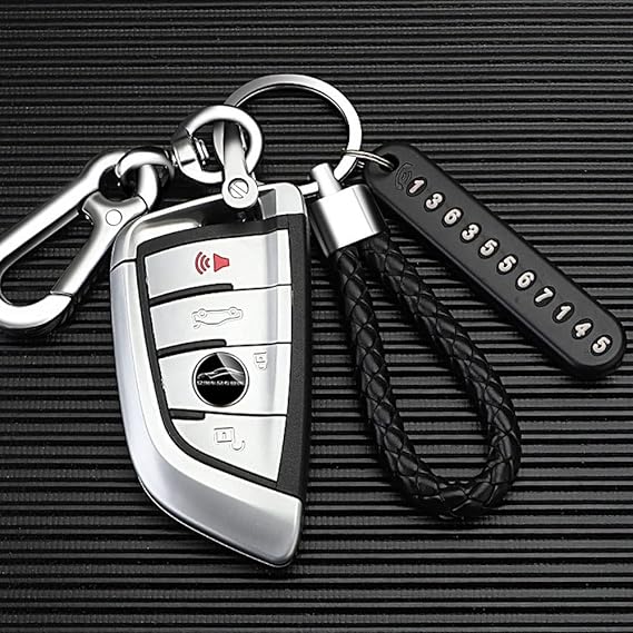 Leather Car Keychain with Phone Number Tag | Premium Metal Key Holder with Carabiner Clip Premium Leather Car Keychain with Phone Number Tag | Metal Car Key Holder