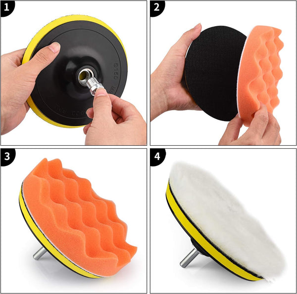 Car Polishing & Buffing Sponge Pads Kit with Drill Backing Plate & Adapter