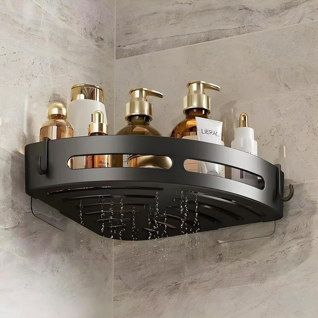 HUPLA Wall Mounted Corner Bathroom Shelf with Hooks & Drainage | Space-Saving Shower Caddy Organizer for Shampoo, Soap & Toiletries | Black
