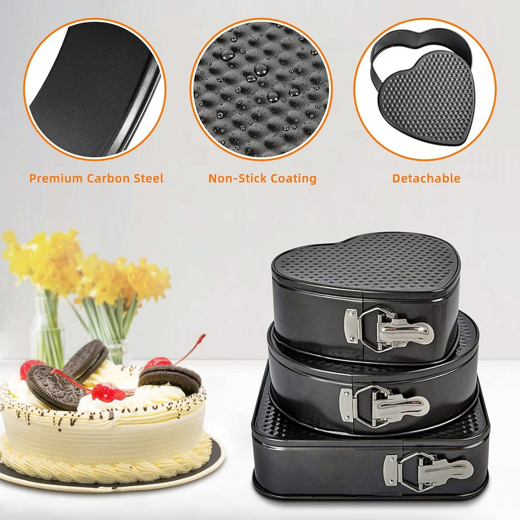 3-Piece Non-Stick Springform Cake Mould Set – Heart, Round & Square Baking Pans for Cakes, Cheesecakes & Desserts