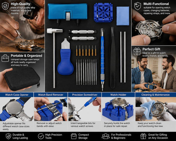 HUPLA Professional Watch Repair Tool Kit | Watch Battery Replacement, Strap Adjustment & Link Removal Tools | Watchmaker Maintenance Kit with Case Opener, Tweezers & Screwdrivers