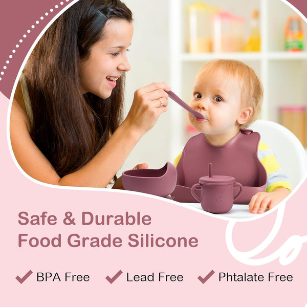 HUPLA Silicone Baby Feeding Bib with Food Catcher Pocket | Adjustable Waterproof Baby Bib with 4 Button Closures | Soft, Reusable & Easy to Clean Bib for Infants and Toddlers – Pink