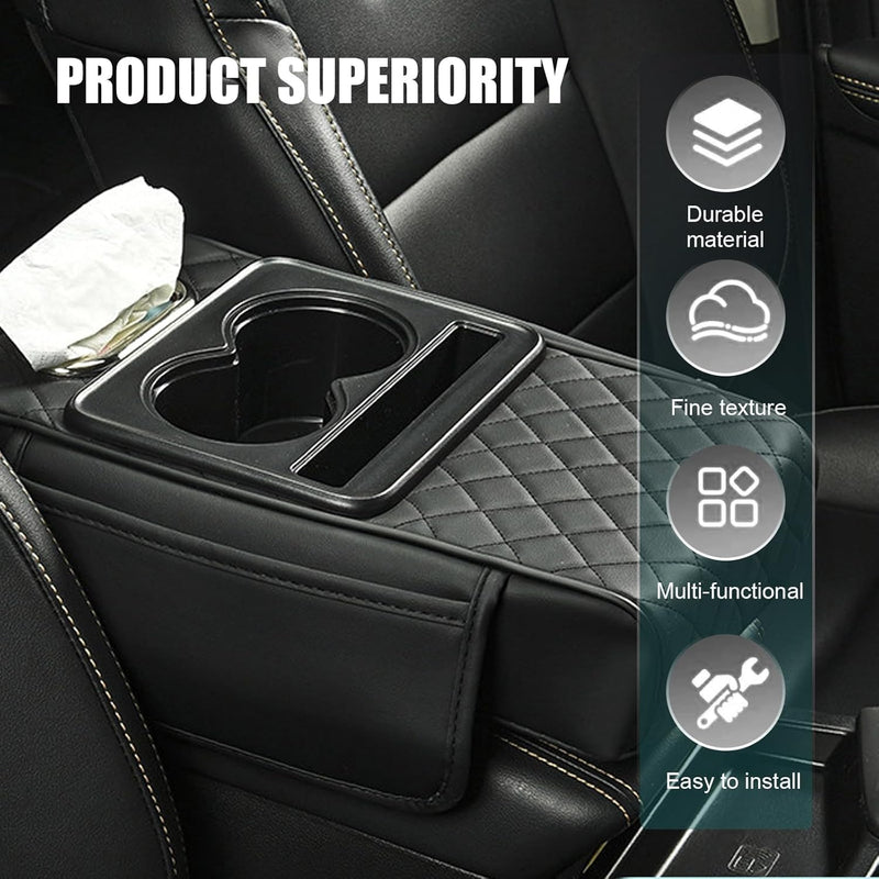 HUPLA Car Seat Organizer with Cup Holder & Tissue Box | PU Leather Back Seat Organizer | Foldable Car Armrest Console | Storage Tray for Car Interior (Black)HUPLA Car Seat Organizer with Cup Holder & Tissue Holder | Premium PU Leather