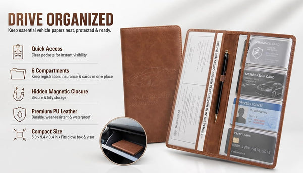 Car Document Holder & Organizer – PU Leather Vehicle Registration, Insurance & License Wallet with Multiple Card Slots