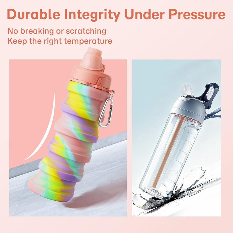 HUPLA Rainbow Collapsible Silicone Water Bottle for Kids | Foldable Reusable Drinking Bottle with Straw Lid & Carrying Clip | Portable Water Bottle for School, Travel & Outdoor Activities – Multicolour