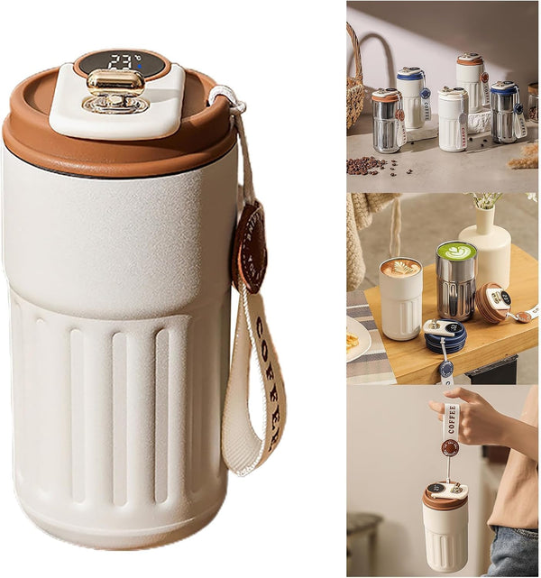 HUPLA Stainless Steel Insulated Coffee Cup with Lid | Portable Hot & Cold Travel Coffee Mug with Carry Strap | Reusable Coffee Tumbler for Office, Home & Travel – White & Brown