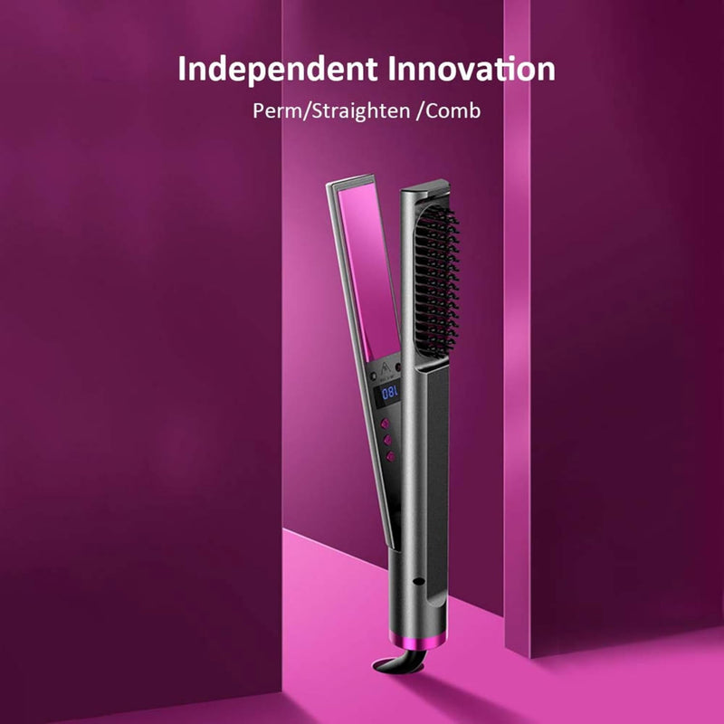 2-in-1 Hair Straightener & Styling Brush | Ceramic Hair Straightening Comb with LCD Display