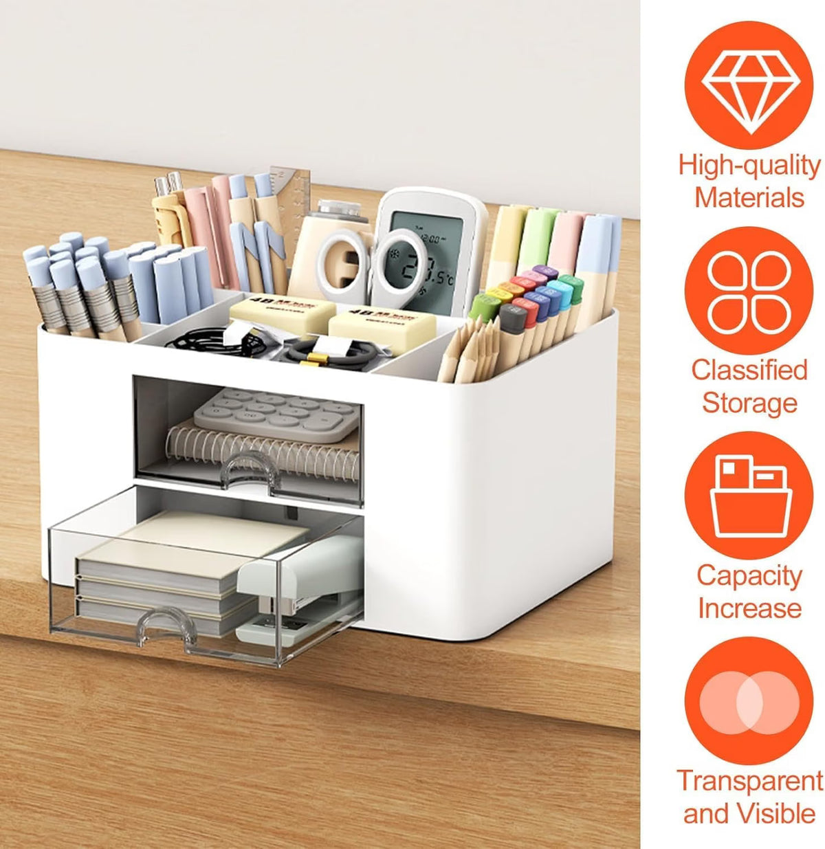 3-Tier Desktop Stationery Organizer with Pen Holder – Multi-Compartment Storage Box for Office, Study Table & Makeup