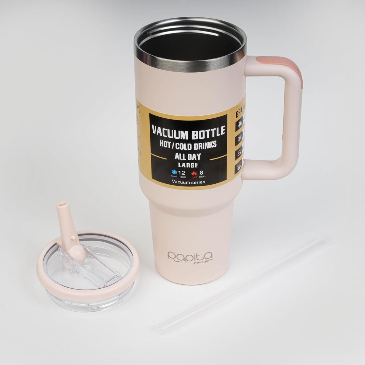 HUPLA Stainless Steel Insulated Travel Tumbler with Handle, Lid & Straw | Double Wall Vacuum Water Bottle for Hot & Cold Drinks | Reusable Coffee Mug – Cream