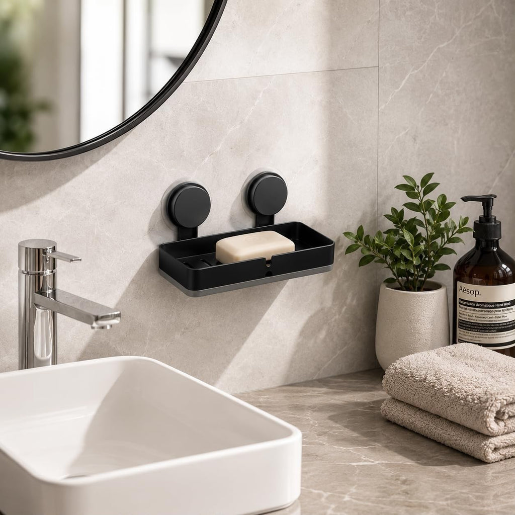 HUPLA Premium Wall Mounted Soap Holder with Strong Suction Cups | No Drilling Soap Dish with Quick Drainage | Rustproof Bathroom Soap Tray | Matte Black – 1 Piece