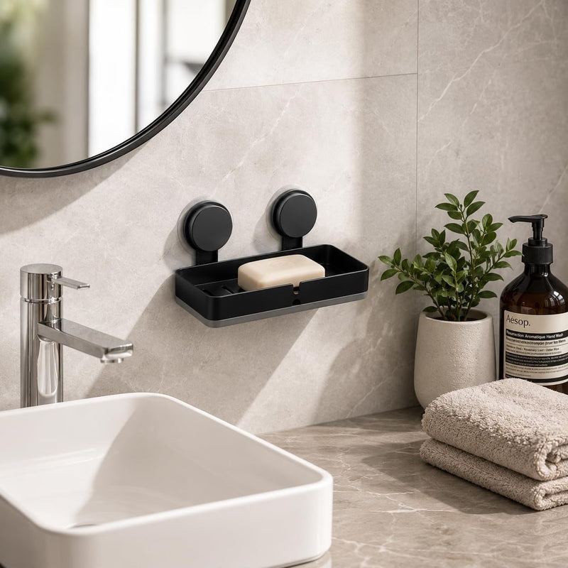 HUPLA Premium Wall Mounted Soap Holder with Strong Suction Cups | No Drilling Soap Dish with Quick Drainage | Rustproof Bathroom Soap Tray | Matte Black – 1 Piece
