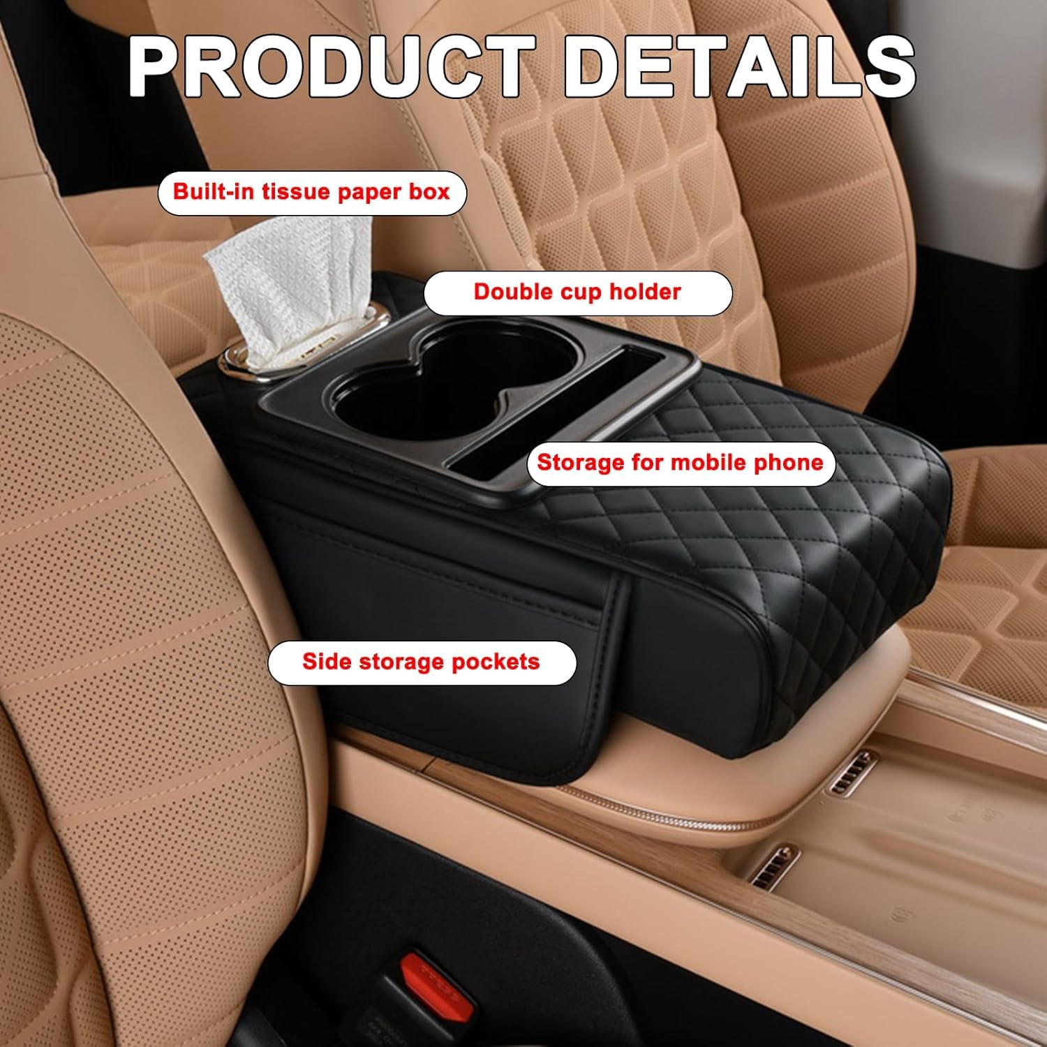 HUPLA Car Seat Organizer with Cup Holder & Tissue Box | PU Leather Back Seat Organizer | Foldable Car Armrest Console | Storage Tray for Car Interior (Black)HUPLA Car Seat Organizer with Cup Holder & Tissue Holder | Premium PU Leather
