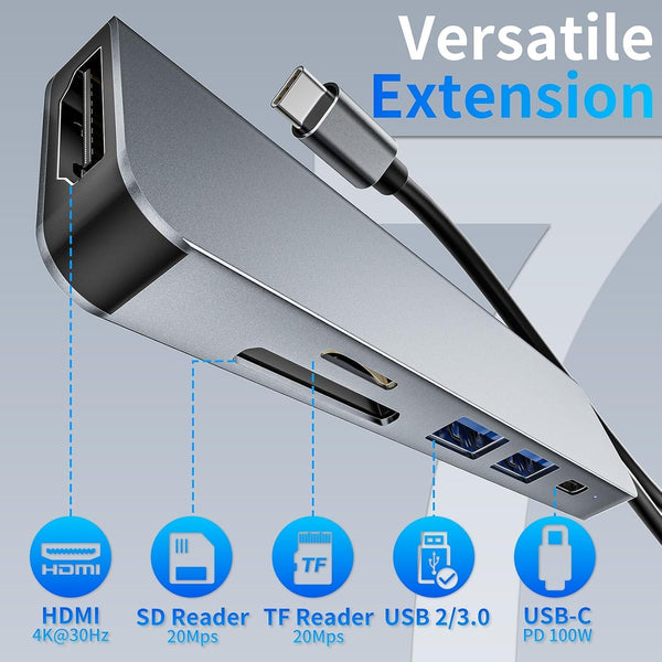 7-in-1 USB-C Hub | 4K HDMI | 100W PD Charging | 2 x USB 3.0 | SD/TF Card Reader | Aluminum Multiport Dock for Laptop, MacBook, Tablet & Mobile