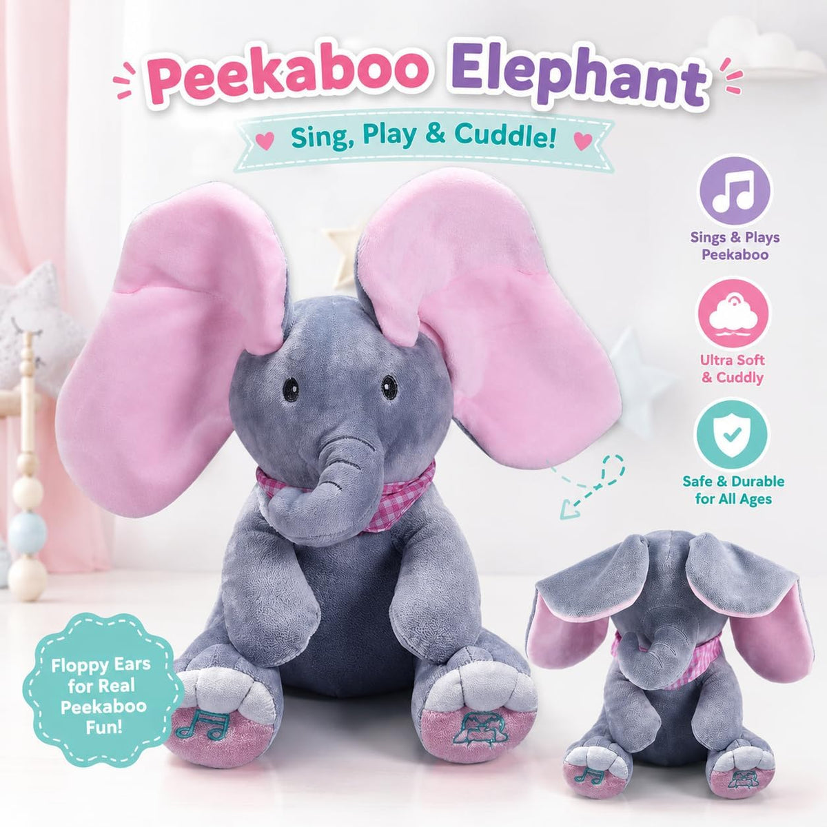 HUPLA Peek A Boo Elephant Soft Toy for Kids | Interactive Musical Plush Elephant with Moving Ears, Singing & Peekaboo Action | Battery Operated Baby Toy – Grey & Pink