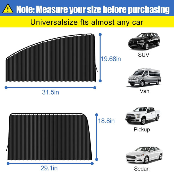 HUPLA Car Window Sun Shade Curtains | Pleated Privacy & Sun Protection Shades for Side Windows – 4 Pcs Set