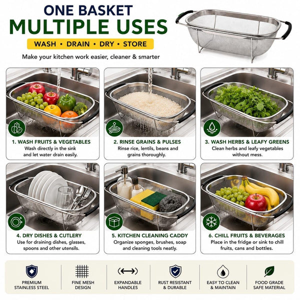HUPLA Stainless Steel Over Sink Strainer Basket | Expandable Kitchen Sink Colander with Fine Mesh for Washing Fruits, Vegetables & Draining Pasta