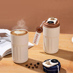 HUPLA Stainless Steel Insulated Coffee Cup with Lid | Portable Hot & Cold Travel Coffee Mug with Carry Strap | Reusable Coffee Tumbler for Office, Home & Travel – White & Brown
