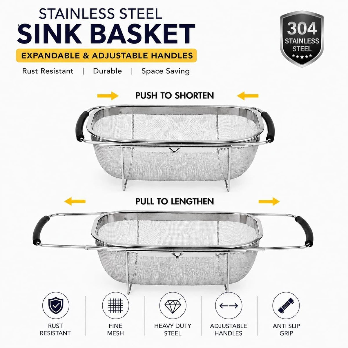 HUPLA Stainless Steel Over Sink Strainer Basket | Expandable Kitchen Sink Colander with Fine Mesh for Washing Fruits, Vegetables & Draining Pasta