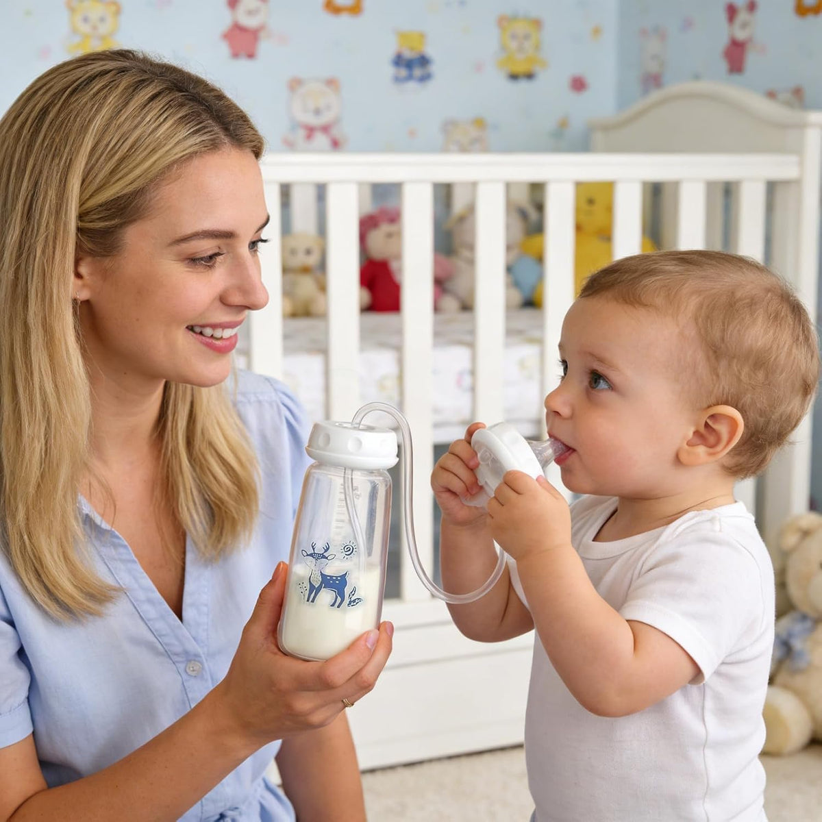 HUPLA 150ml Baby Feeding Bottle with Long Feeding Tube & Silicone-Style Nipple | Flexible Tube Milk Feeding Bottle with Deer Print for Infants – White & Blue