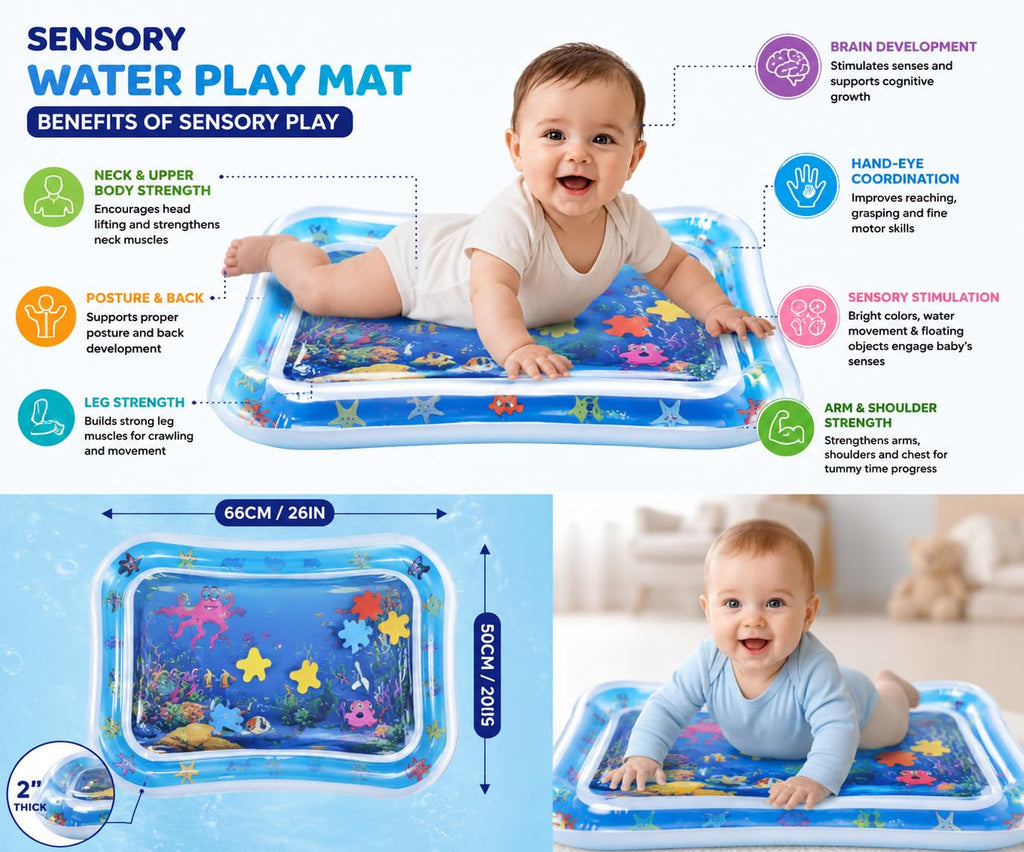 HUPLA Inflatable Baby Tummy Time Water Play Mat | Sensory Activity Mat with Floating Sea Animals for Infants | Blue