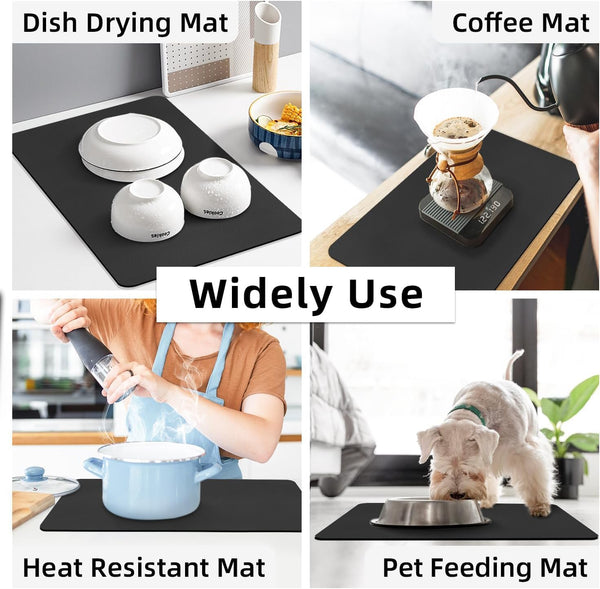 HUPLA Super Absorbent Dish Drying Mat 30 × 40 cm | Non-Slip Kitchen Countertop Drying Mat for Plates, Glasses, Cups & Utensils | Rollable & Reusable – Black