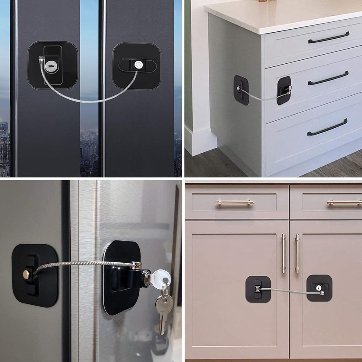HUPLA Refrigerator Door Lock with Key | Adhesive Fridge Safety Lock with Stainless Steel Cable | No-Drill Security Lock for Refrigerator, Freezer, Cabinet & Drawer – Black