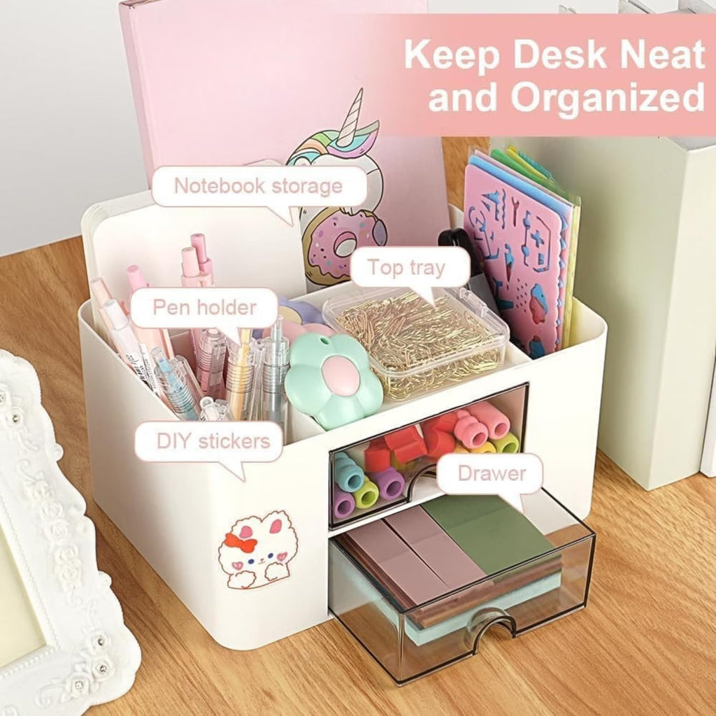 3-Tier Desktop Stationery Organizer with Pen Holder – Multi-Compartment Storage Box for Office, Study Table & Makeup