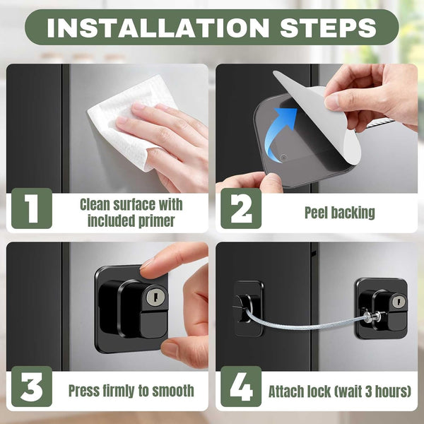 HUPLA Refrigerator Door Lock with Key | Adhesive Fridge Safety Lock with Stainless Steel Cable | No-Drill Security Lock for Refrigerator, Freezer, Cabinet & Drawer – Black