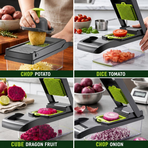 HUPLA 16-in-1 Multifunction Vegetable Chopper & Slicer with Container | Manual Veggie Cutter, Dicer, Grater, Julienne Slicer & Peeler | Kitchen Food Preparation Tool – Black & Green
