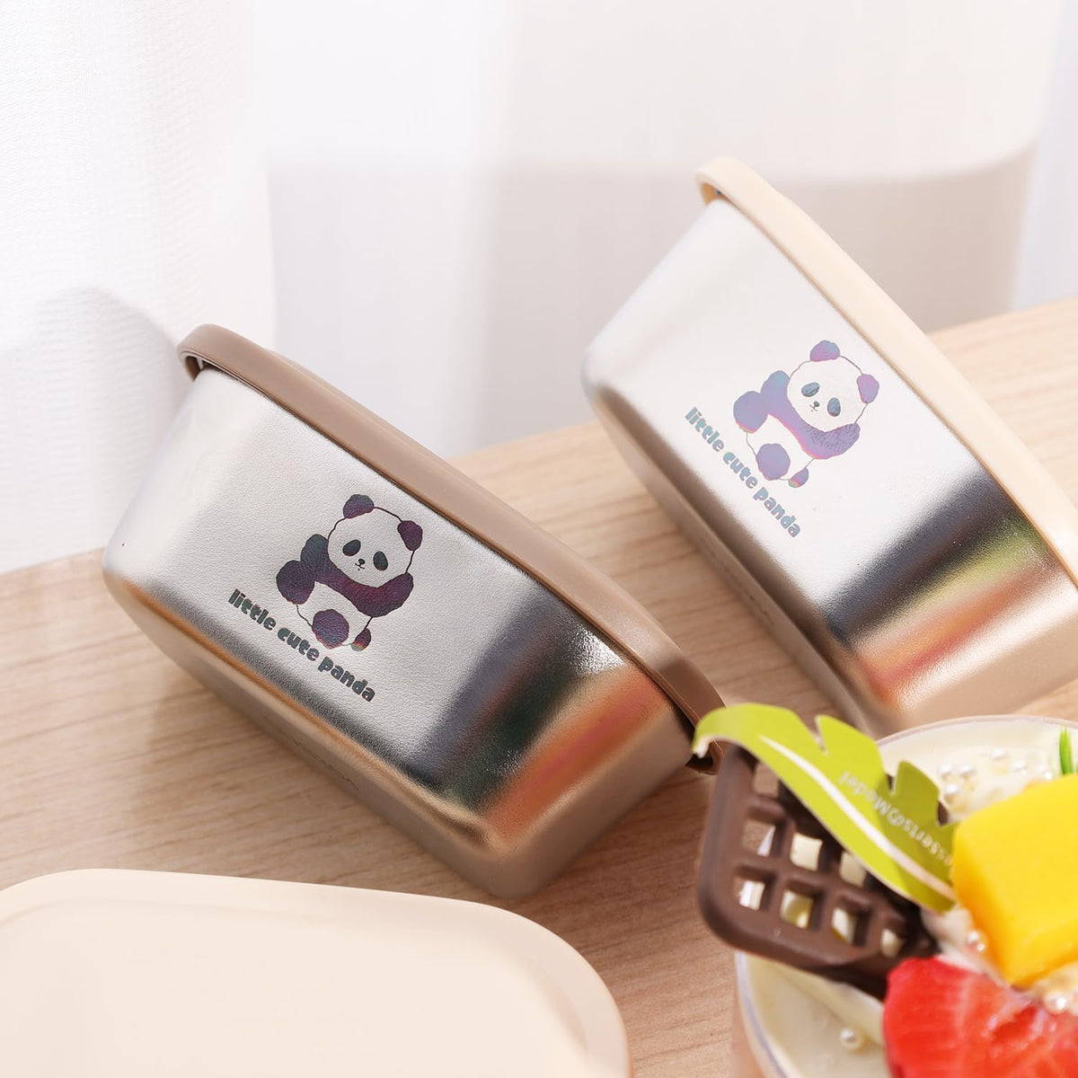 HUPLA Stainless Steel Mini Food Storage Containers with Lids | Cute Panda Print Small Snack & Lunch Boxes for Kids | Reusable Compact Food Storage Bowls – Silver & Cream