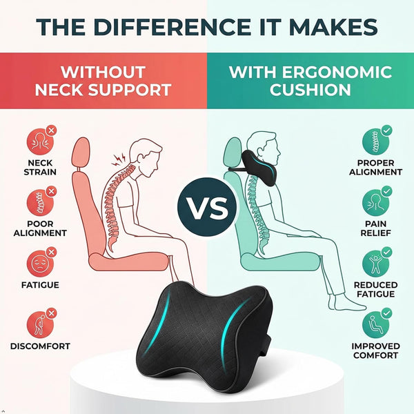 HUPLA Ergonomic Car Neck & Upper Back Support Cushion | Contoured Memory Foam-Style Headrest Pillow for Driving Comfort – Black
