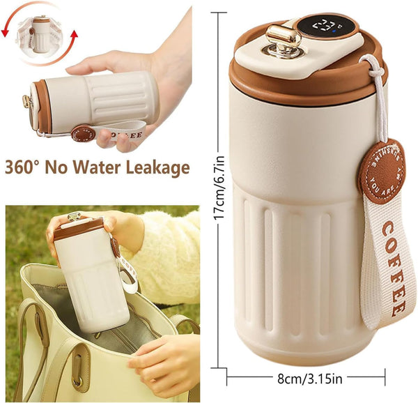 HUPLA Stainless Steel Insulated Coffee Cup with Lid | Portable Hot & Cold Travel Coffee Mug with Carry Strap | Reusable Coffee Tumbler for Office, Home & Travel – White & Brown