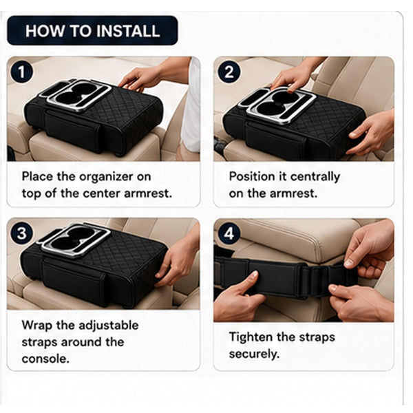 HUPLA Car Seat Organizer with Cup Holder & Tissue Box | PU Leather Back Seat Organizer | Foldable Car Armrest Console | Storage Tray for Car Interior (Black)HUPLA Car Seat Organizer with Cup Holder & Tissue Holder | Premium PU Leather