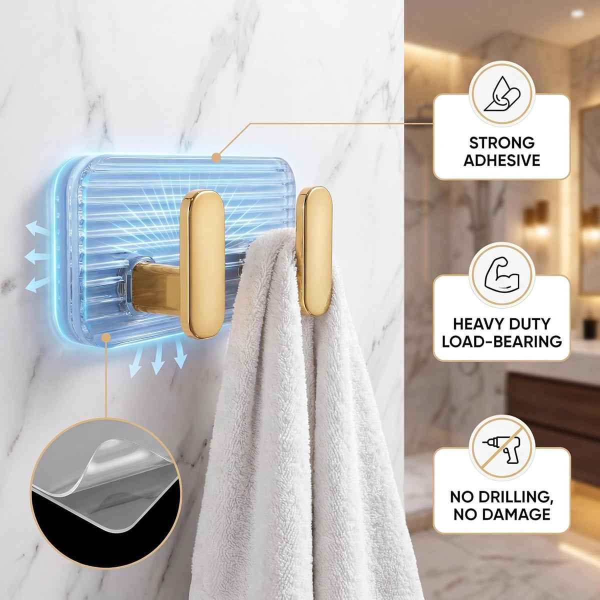 HUPLA Luxury Gold Transparent Double Wall Hook | 2-in-1 Wall Mounted Hanger with Clear Ribbed Back Plate for Towels, Loofahs, Keys & Accessories – Single Piece