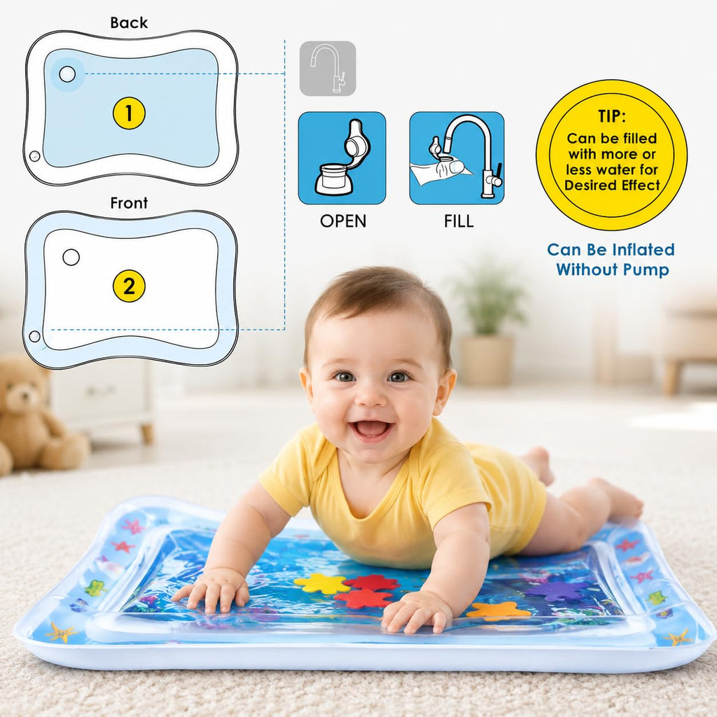 HUPLA Inflatable Baby Tummy Time Water Play Mat | Sensory Activity Mat with Floating Sea Animals for Infants | Blue